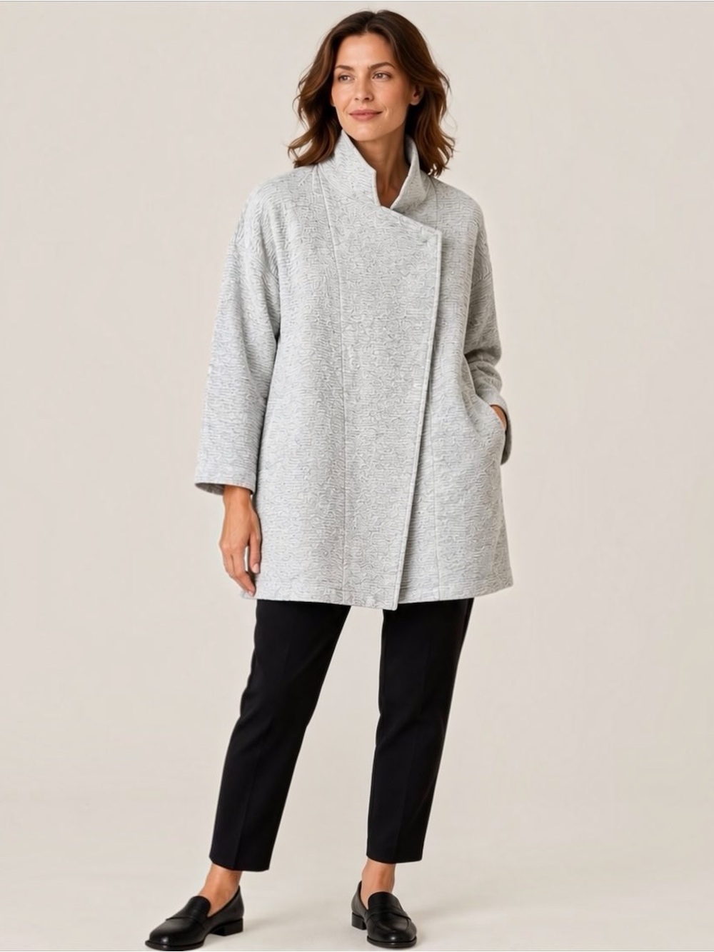 Eileen Fisher Tencel Jacquard Knit Asymmetric Jacket White Gray NWT Medium